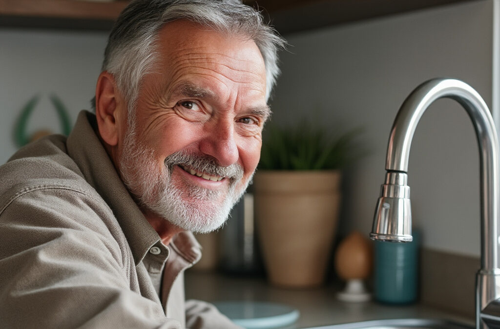 Smiling man over sink looking at Turner Plumbing Co in Jacksonville, FL